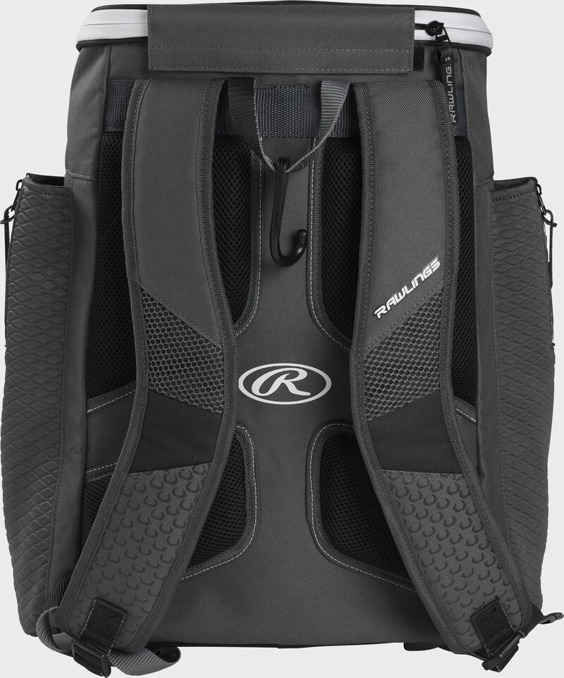 Back of a royal Rawlings Impulse baseball backpack with gray shoulder straps - SKU: IMPLSE-B