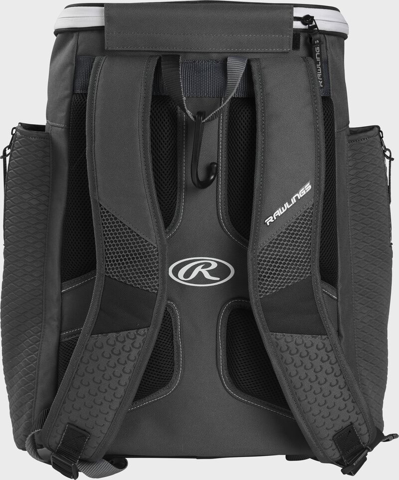 Back of a royal Rawlings Impulse baseball backpack with gray shoulder straps - SKU: IMPLSE-B loading=