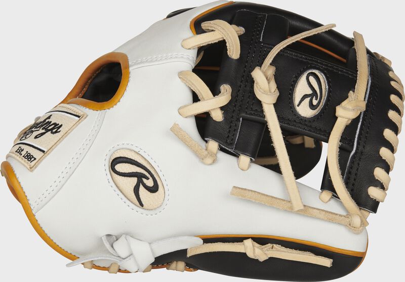 Web back view of white, black, and camel 11.5-inch Rawlings Heart of the Hide R2G Wing Tip glove