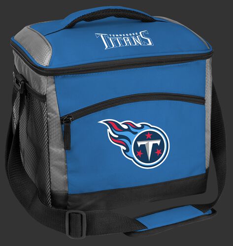 A blue Tennessee Titans 24 can soft sided cooler with screen printed team logos - SKU: 10211069111