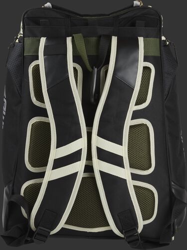 Back of a camo Rawlings Legion backpack with black shoulder straps - SKU: LEGION-CAMO