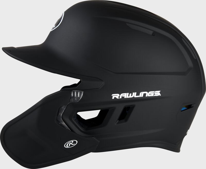 Left-side view of Black Rawlings Mach Carbon Batting Helmet - SKU: MAAR