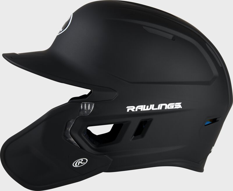Left-side view of Black Rawlings Mach Carbon Batting Helmet - SKU: MAAR loading=