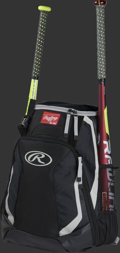 Left side of a black R500 baseball backpack with a red bat in the side sleeve