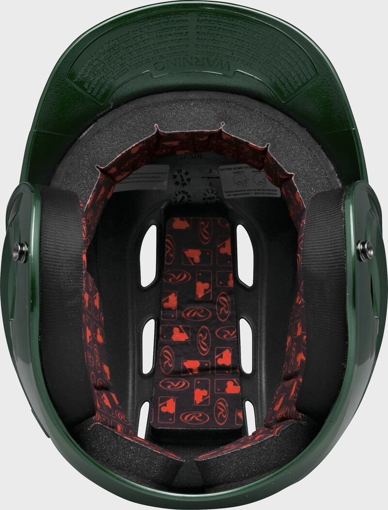 Inside padding of a dark green R16S senior size Velo batting helmet