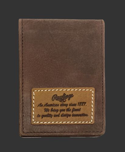 A brown American Story front pocket wallet with a leather patch telling the Rawlings American story - SKU: RPW003-200