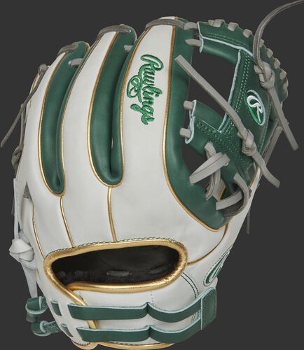 RLA715SB-2DG 11.75-inch Liberty Advanced I-web glove with a white back, gold binding/welting and adjustable pull strap