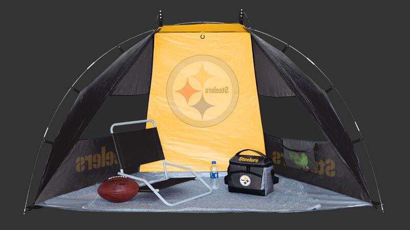 Back of a Pittsburgh Steelers sideline sun shelter on a field with a Steelers logo in the middle - SKU: 00961082111