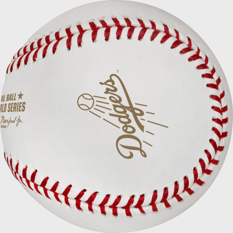 The Los Angeles Dodgers logo stamped on the WSBB18DL World Series dueling teams ball