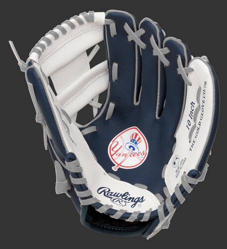 A navy, white & red Rawlings New York Yankees youth glove with the Yankees logo stamped in the palm - SKU: 22000030111