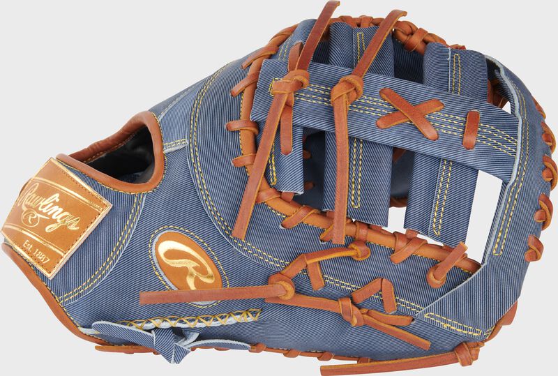 Thumb of a Heart of the Hide Pro Label Denim 1st base mitt with a single post, double bar web