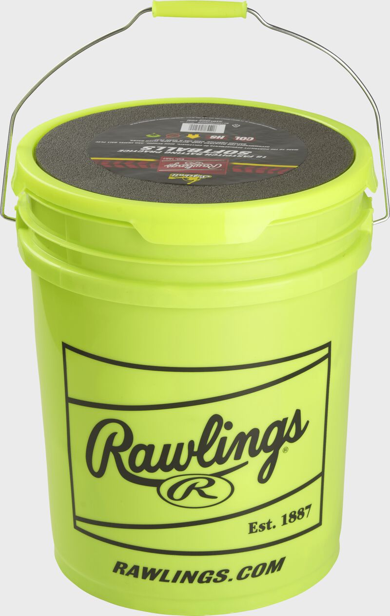Rawlings logo on a 6 gallon bucket of 12" batting practice softballs - SKU: B618RFPBPBUCK