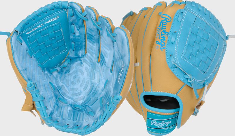 Two images showing the palm & back of a camel/Columbia blue Rawlings Flex Palm Series 10-Inch Youth Baseball Glove loading=