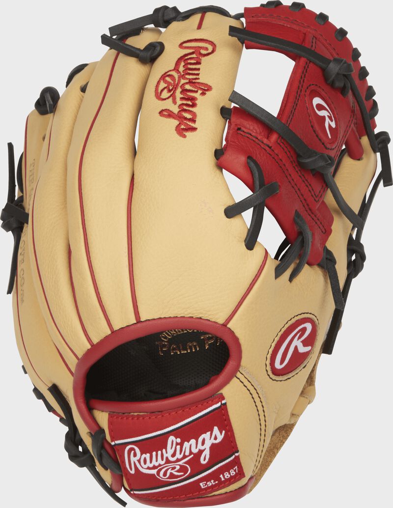 SPL112AR 11.25-inch Addison Russell youth infield glove with a camel back and scarlet accents
