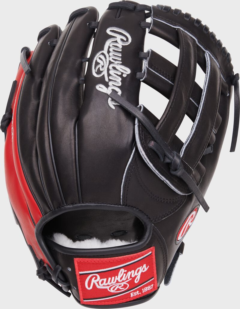Black back of a Corbin Carroll Pro Preferred H-web glove with a red Rawlings patch - SKU: PROS3039-CC7