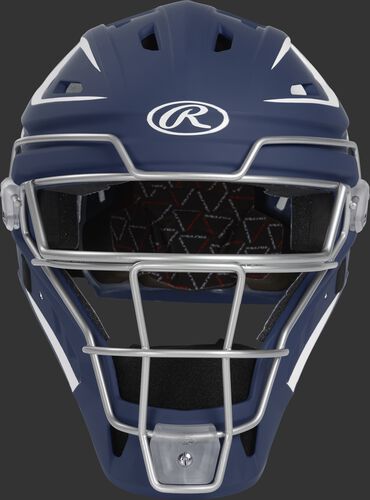 Front of a navy CHV27J Velo 2.0 hockey-style catcher's helmet