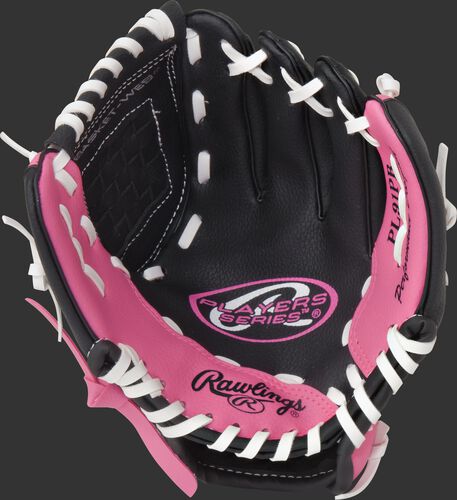 Black palm of a Rawlings Players Series t-ball glove with a pink thumb and pinkie and white laces - SKU: ACAPL91PB