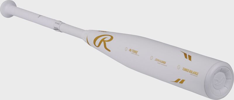 Front angle view of a white Rawlings Icon USSSA bat with gold accents and white end cap - SKU: RUT4I5
