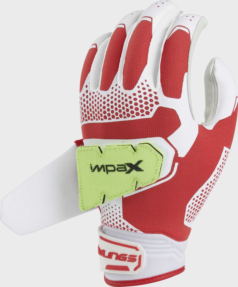 Impax pad on the back of a scarlet workhorse pro fastpitch batting glove - SKU: FP2PBG-S