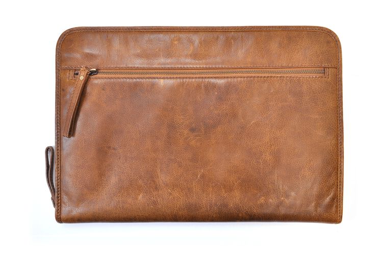 Back of a tan Rawlings rugged portfolio with a zippered compartment - SKU: V614-202