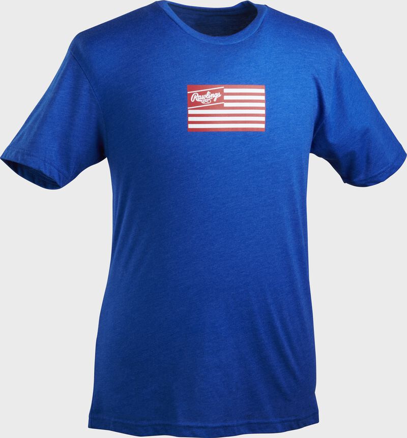 A royal blue Rawlings American Flag short sleeve shirt with a red print flag image number null