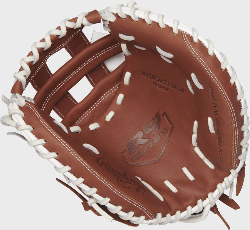 R9SBCM33-24DB Rawlings 33-inch fastpitch catcher's mitt with a brown palm and white laces