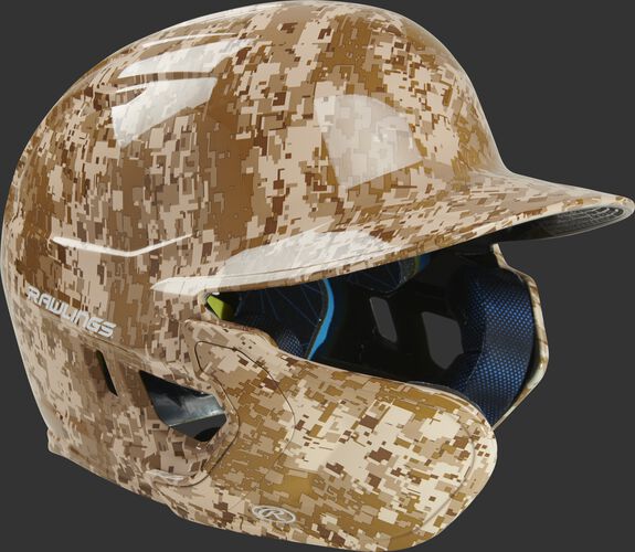 Front right of a MACHEXTL-DCMO Mach EXT digi camo hydro dipped helmet with a MEXT attached for a left-handed batter