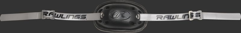 Black chin cup of a CHMCHS Rawlings Mach catcher’s helmet