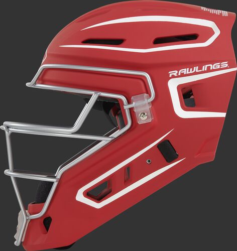Left side of a scarlet CHV27J Rawlings hockey style Velo 2.0 catcher's helmet