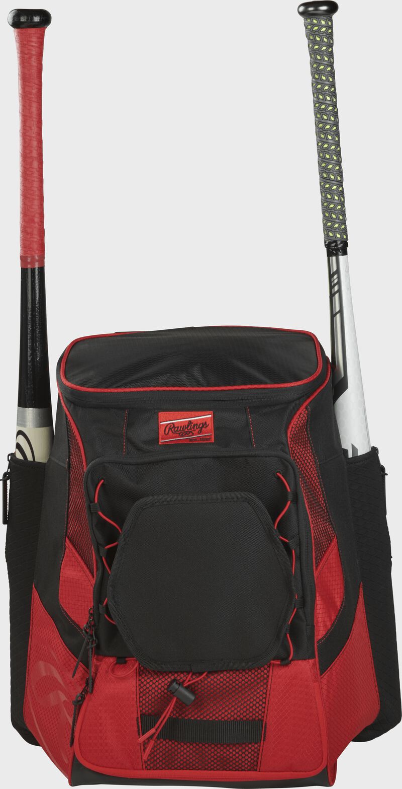 Front of a scarlet/black R600 Rawlings players team backpack with a bat in each of the side compartments