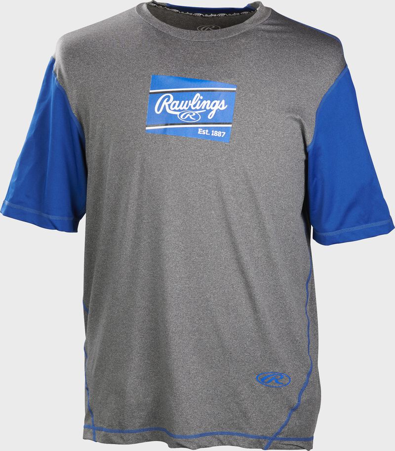 A gray/royal Rawlings adult Hurler performance short sleeve shirt with a royal Rawlings logo on the chest - SKU: HSSP-GR/R