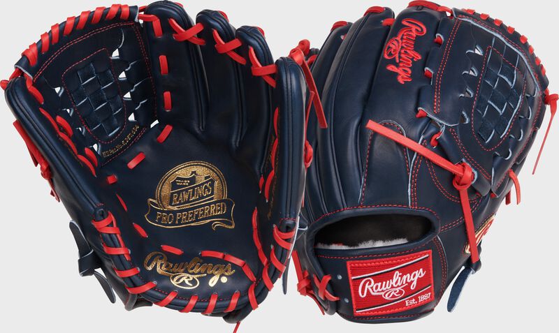 2 views of the back & palm of a Gameday 57 Series Griffin Canning Pro Preferred glove - SKU: RSGRPROS19-11GC loading=