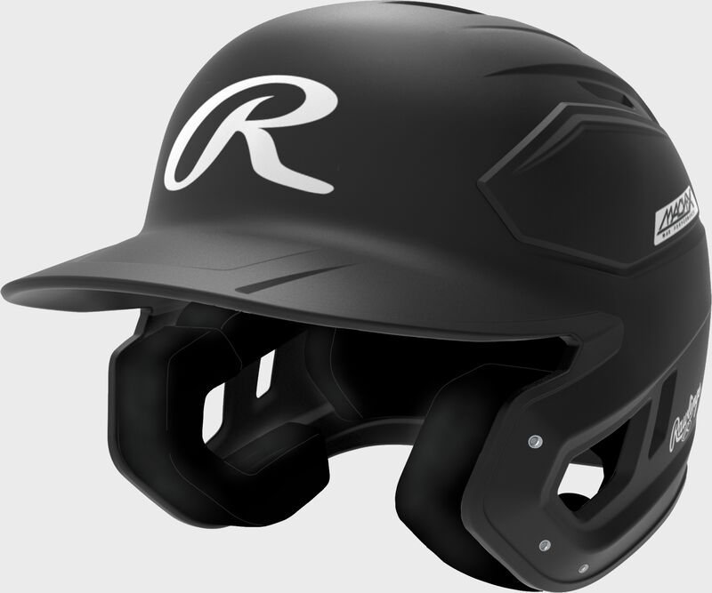 Front left of a black Rawlings Mach-X Max Performance batting helmet