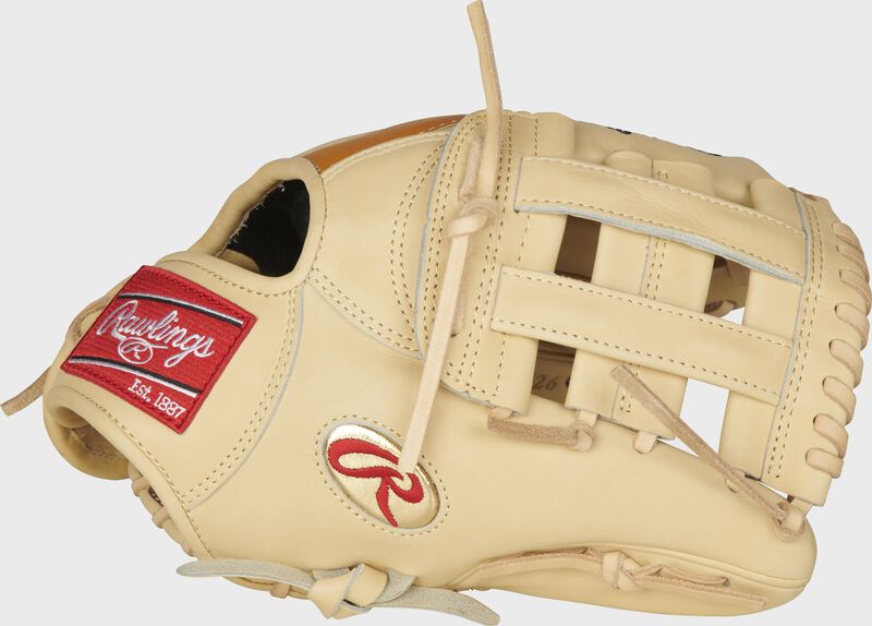 Thumb of a Gameday 57 Series DJ LeMahieu Pro Preferred glove with a gold "Oval-R" and camel H-web - SKU: PROSNP4-DJ26