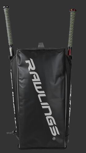 Bottom of a black R601 Hybrid backpack with a white Rawlings logo printed across the bottom