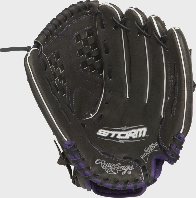 ST1200FPUR Rawlings 12-inch softball outfield glove with a black palm, black laces and Sure Catch design