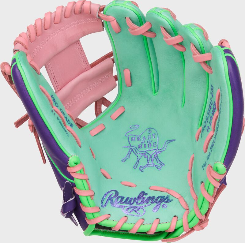 Mint palm of a Heart of the Hide ContoUR Fit 11.5-Inch Infield Glove with pink laces