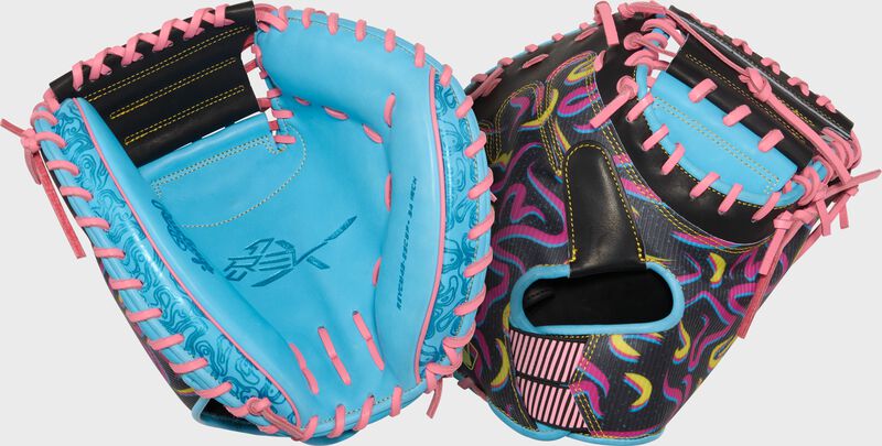 Two images showing the palm & back of a Columbia blue/black Rawlings REV1X 34-Inch Catcher's Mitt loading=