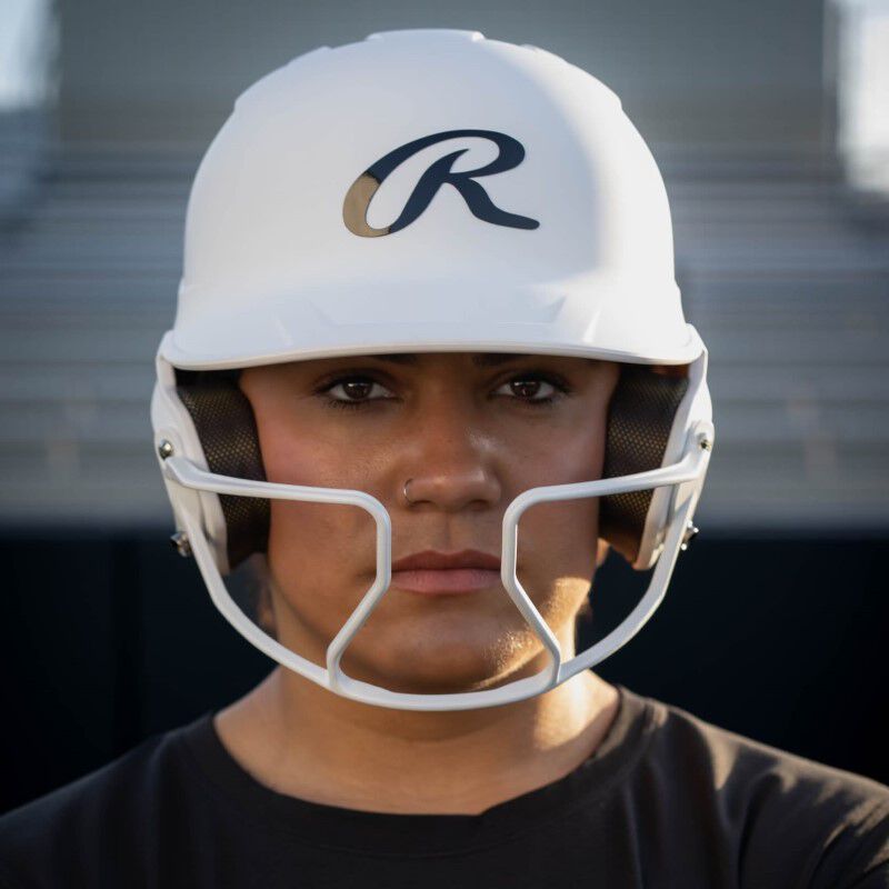 Jocelyn Alo wearing a white Mach Hi-Viz softball helmet - SKU: MCHVIZ