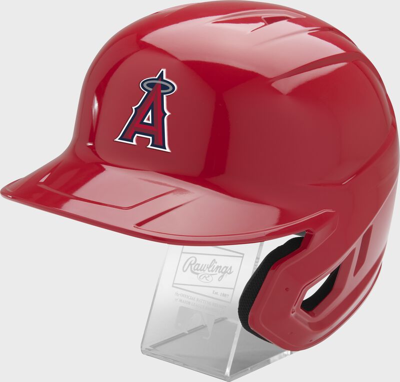 Front left of a red Rawlings Las Angeles Angels replica helmet - SKU: MLBMR-LAA