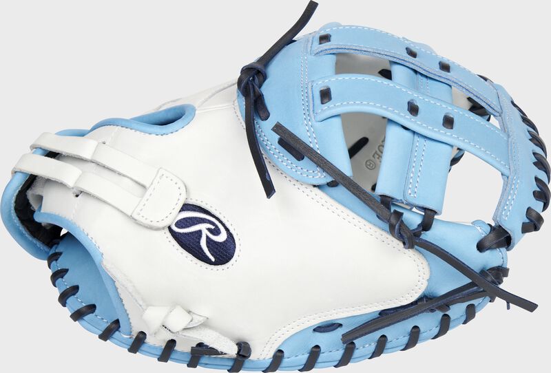 Thumb of a white/Columbia blue Liberty Advanced Color Series 34-Inch catcher's mitt with a Columbia blue H-web - SKU: RLACM34FPWCBN