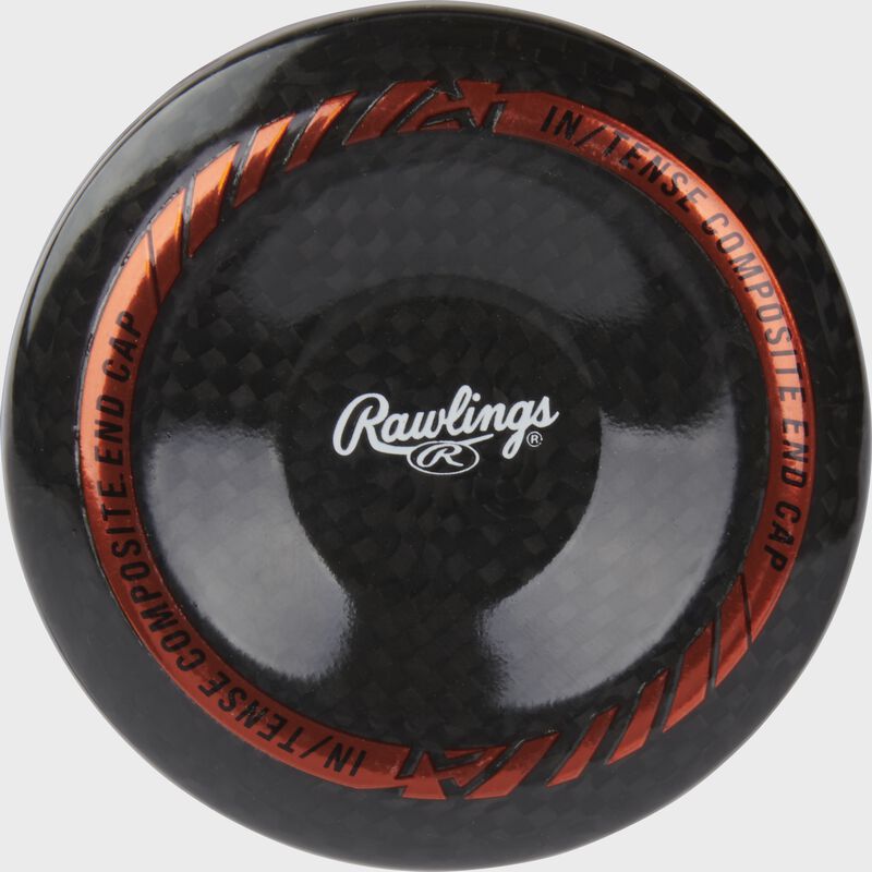 A black carbon fiber end cap of a Mach AI USSSA bat with a white Rawlings logo in the middle - SKU: RUT4MC