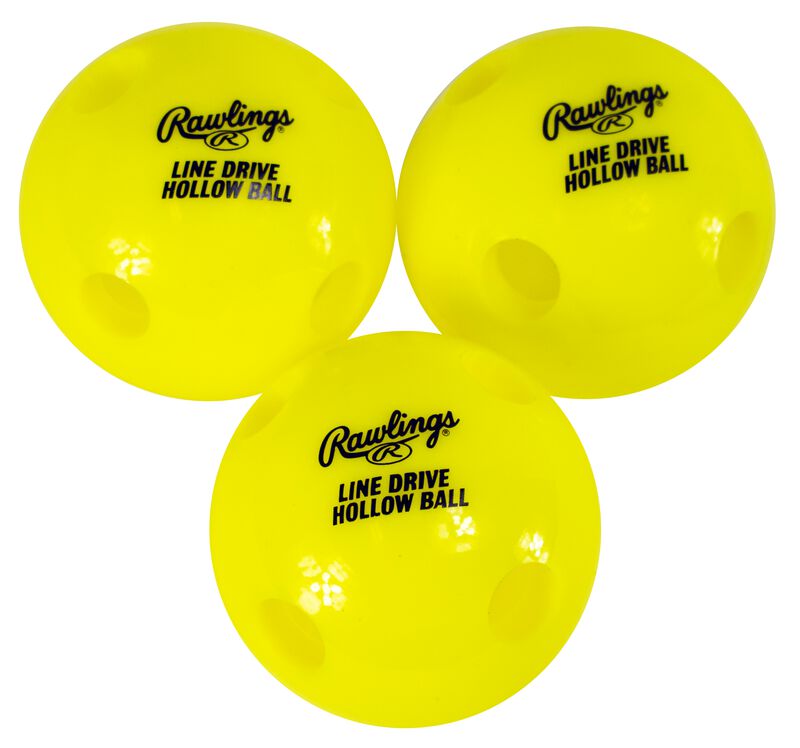 A 3 pack of yellow Rawlings line-drive hollow balls - SKU: LDHOLL3PK