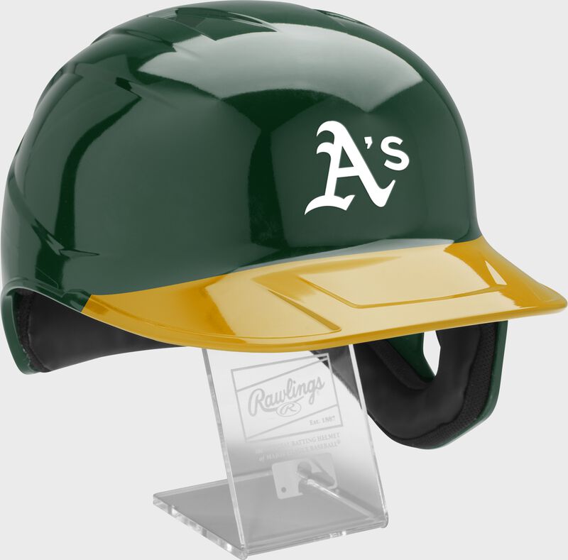 Front right of a MLB Oakland Athletics replica helmet - SKU: MLBMR-OAK
