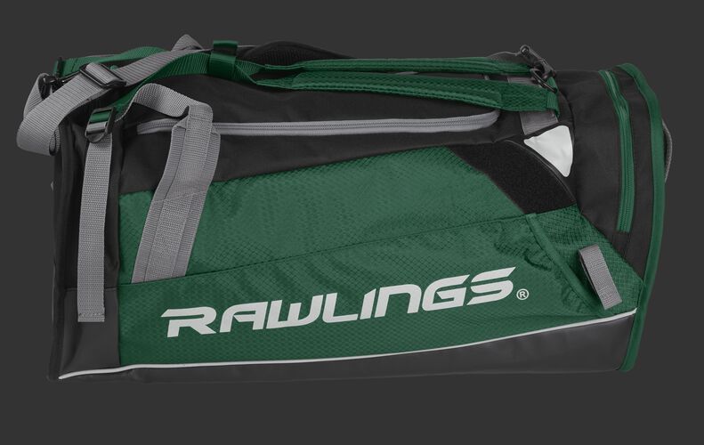 Side of a dark green R601 Hybrid backpack/duffel players bag with black trim and a white Rawlings logo on the bat sleeve
