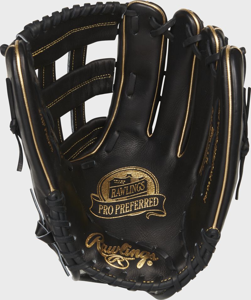 Palm of a black Rawlings Pro Preferred outfield glove with a gold palm stamp and black laces - SKU: PROS27HFBPRO