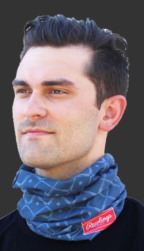 A guy wearing a navy adult multi-functional neck gaiter around his neck - SKU: RC40005-400