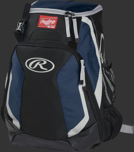 Left side of a black/navy R500 Players team backpack with white trim