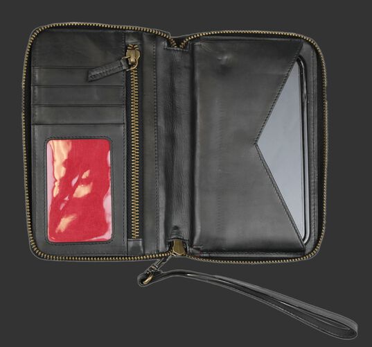 Inside of Rawlings Black Baseball Stitch iPhone Zip Wallet With Three Card Pockets, Zip Pocket, and Money Pocket SKU #RW80000-001