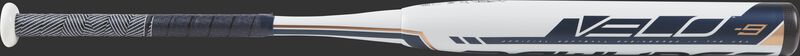 Barrel of a white FP9V9 Velo high school/college softball bat with navy/white grip